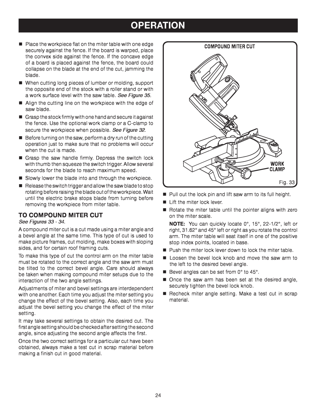Ryobi TS1141 manual Operation, to Compound Miter Cut, See Figures 33, Compound Miter Cut Work CLAMP 
