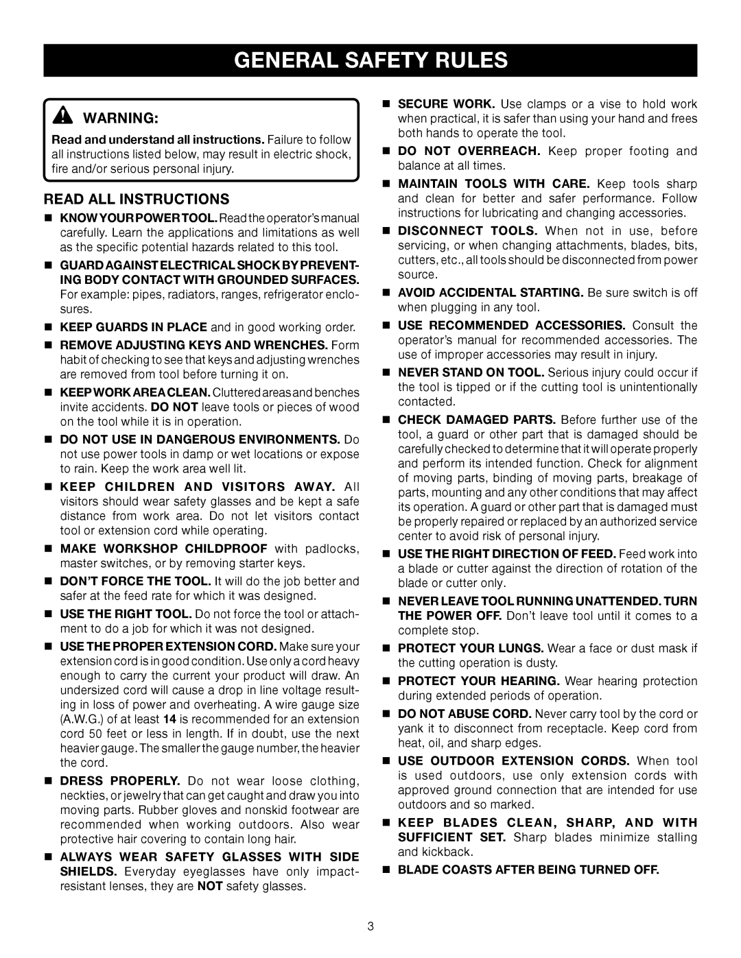 Ryobi TS1141 manual General Safety Rules, Read All Instructions 