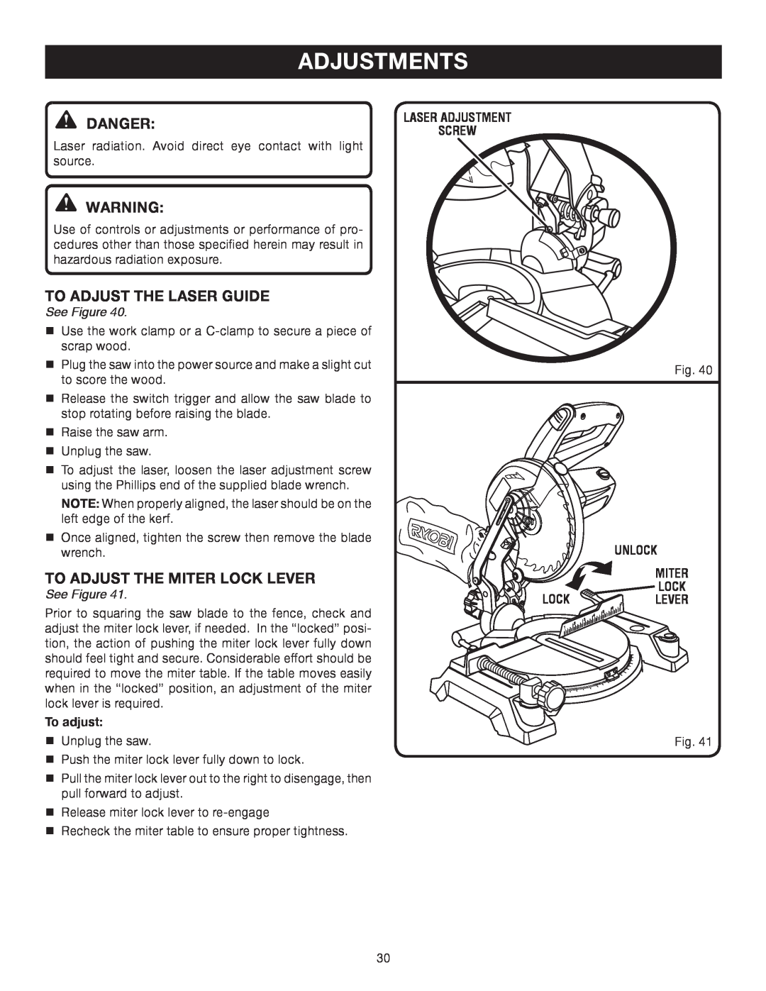 Ryobi TS1141 manual Adjustments, Danger, To Adjust The Laser Guide, To adjust the miter lock lever, See Figure 