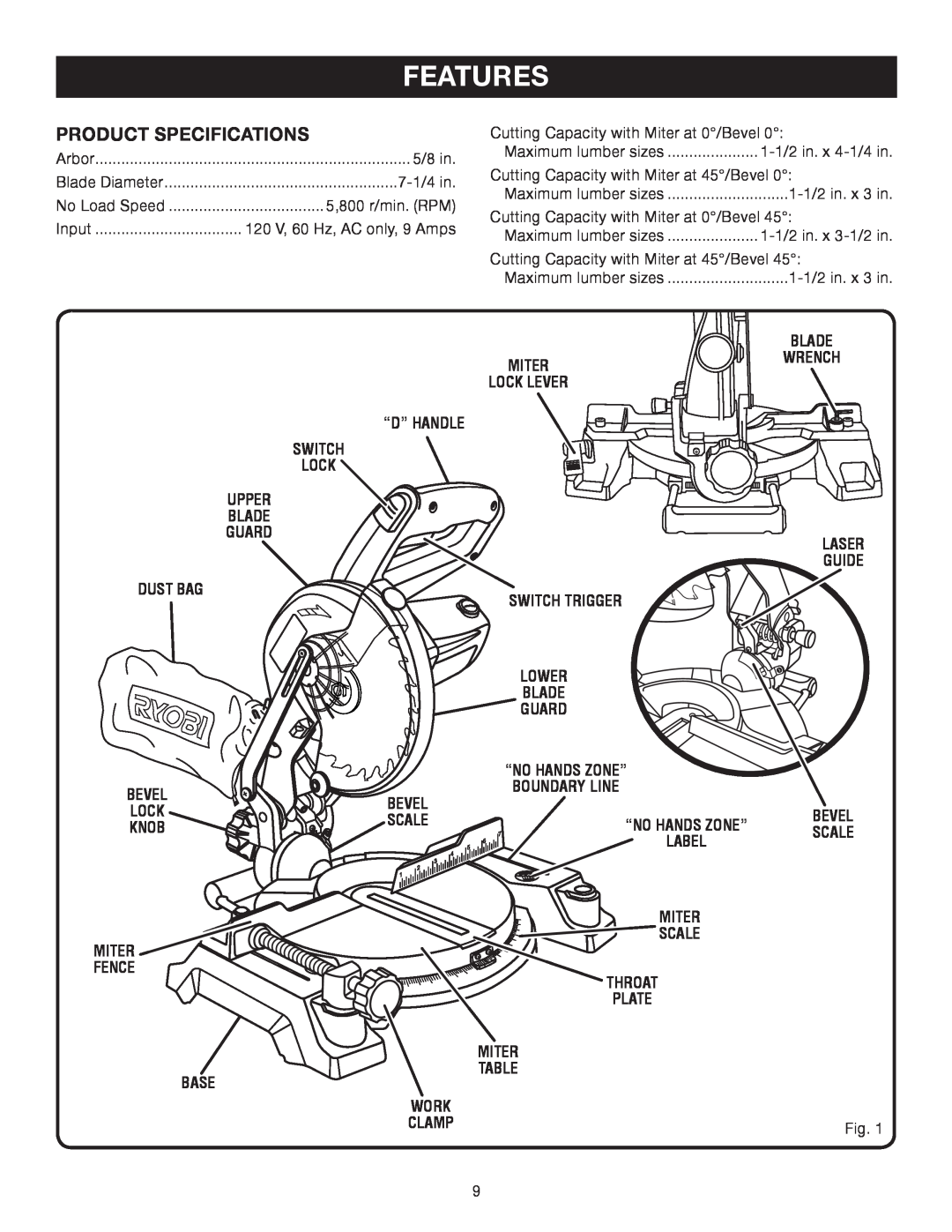 Ryobi TS1141 manual Features, Product Specifications 