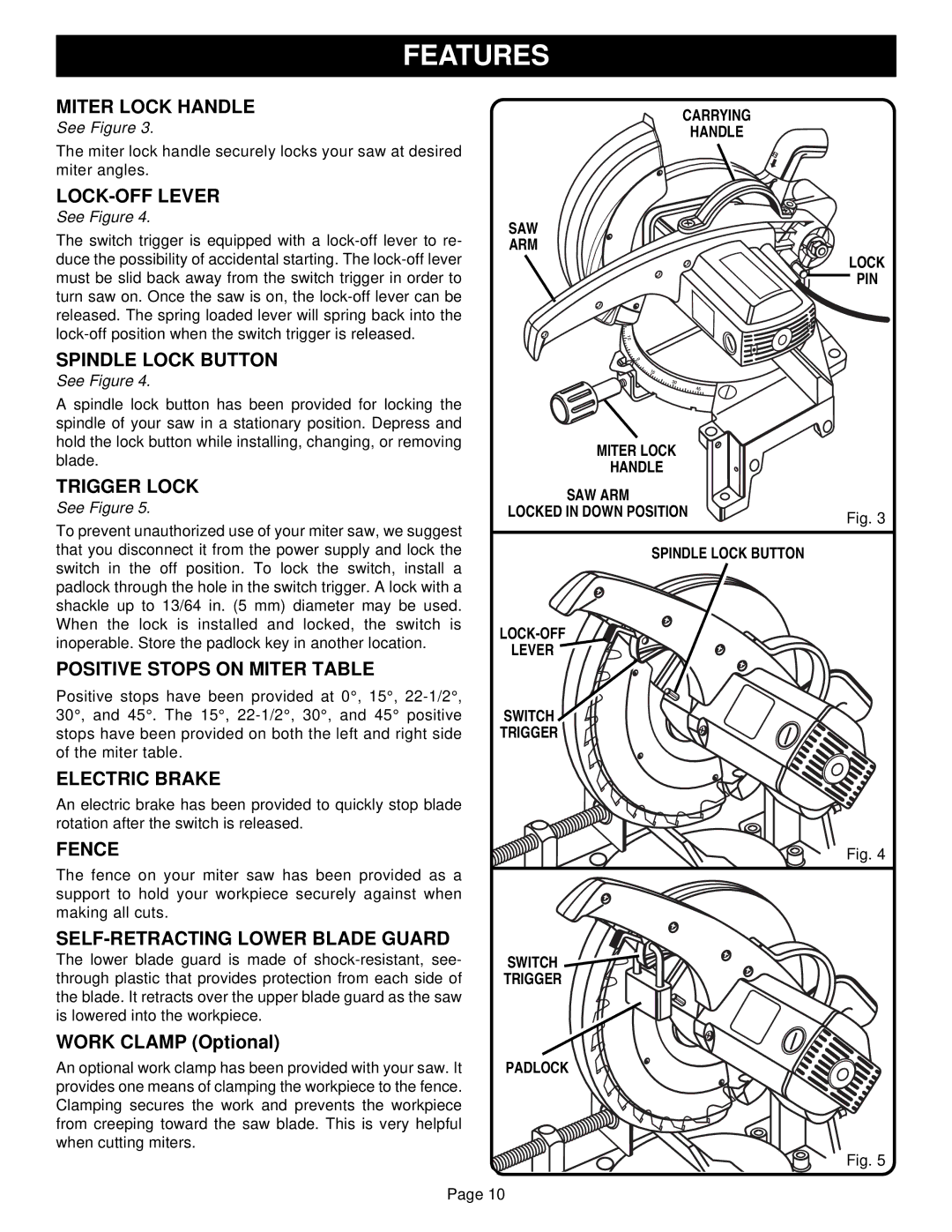 Ryobi TS1300 Miter Lock Handle, LOCK-OFF Lever, Spindle Lock Button, Trigger Lock, Positive Stops on Miter Table, Fence 