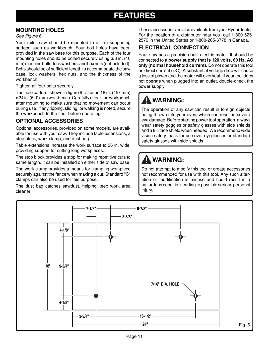 Ryobi TS1300 warranty Mounting Holes, Optional Accessories, Electrical Connection 