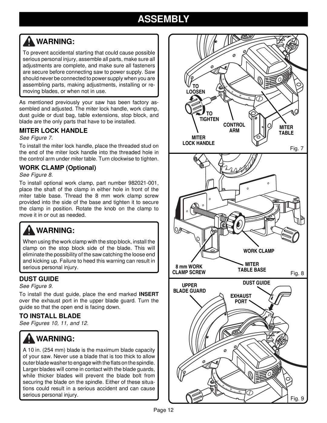 Ryobi TS1300 warranty Assembly, Dust Guide, To Install Blade 