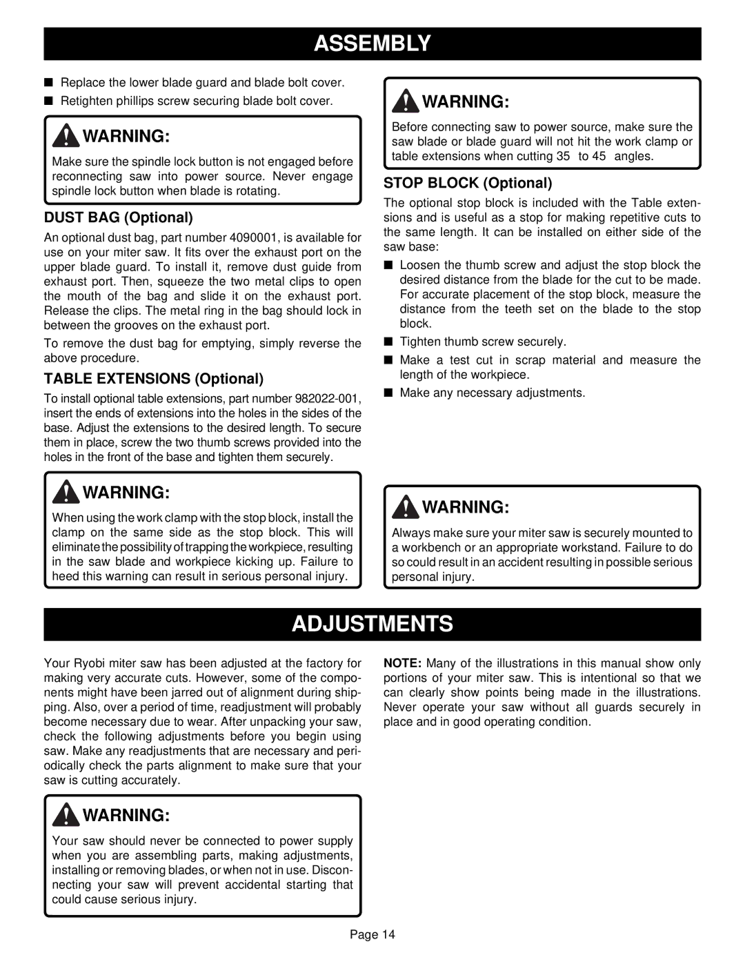 Ryobi TS1300 warranty Adjustments, Dust BAG Optional 