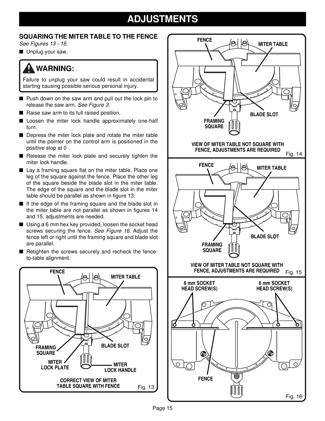 Ryobi TS1300 warranty Squaring the Miter Table to the Fence, Fence Miter Table, Blade Slot Framing Square 