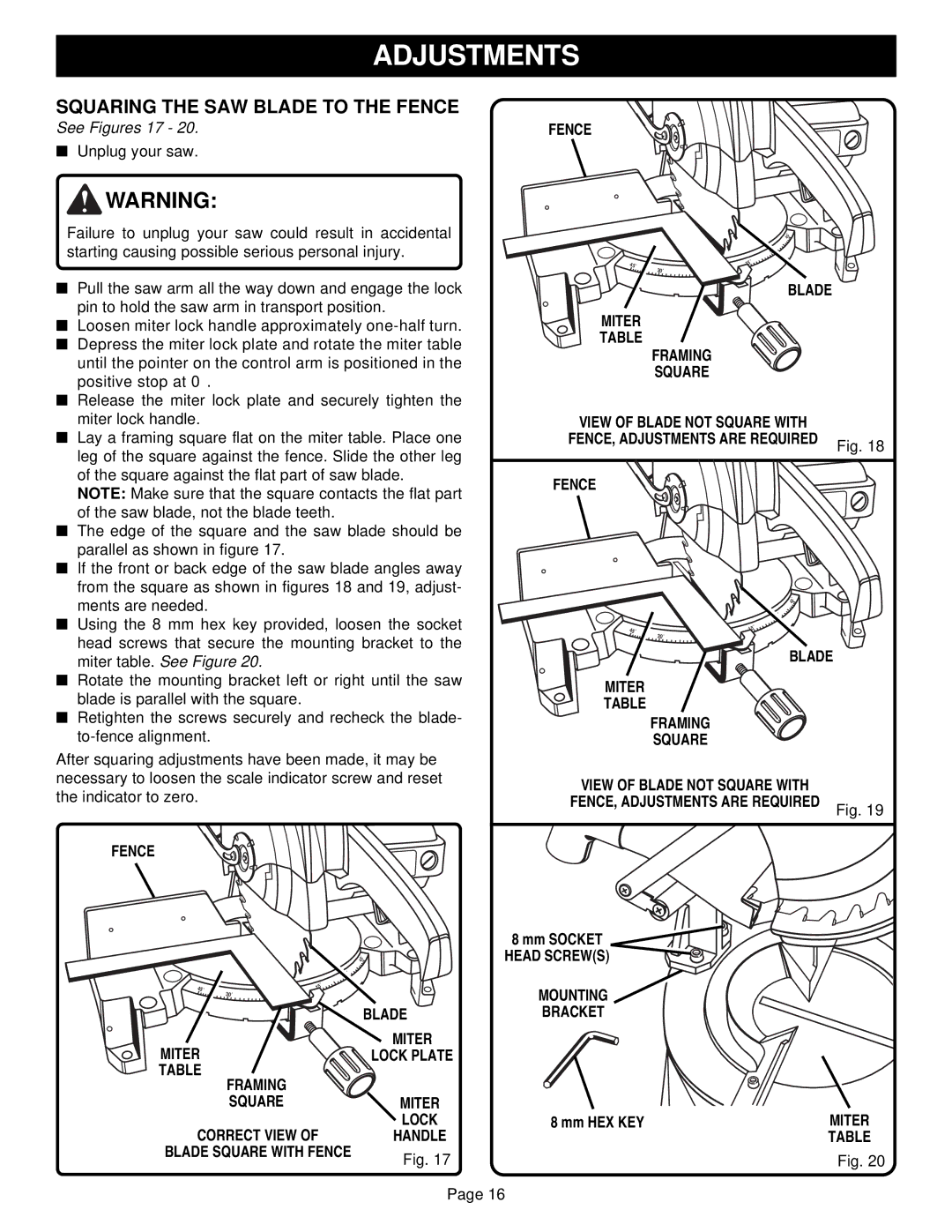 Ryobi TS1300 warranty Squaring the SAW Blade to the Fence, Blade Miter Framing Square, Mm Socket 