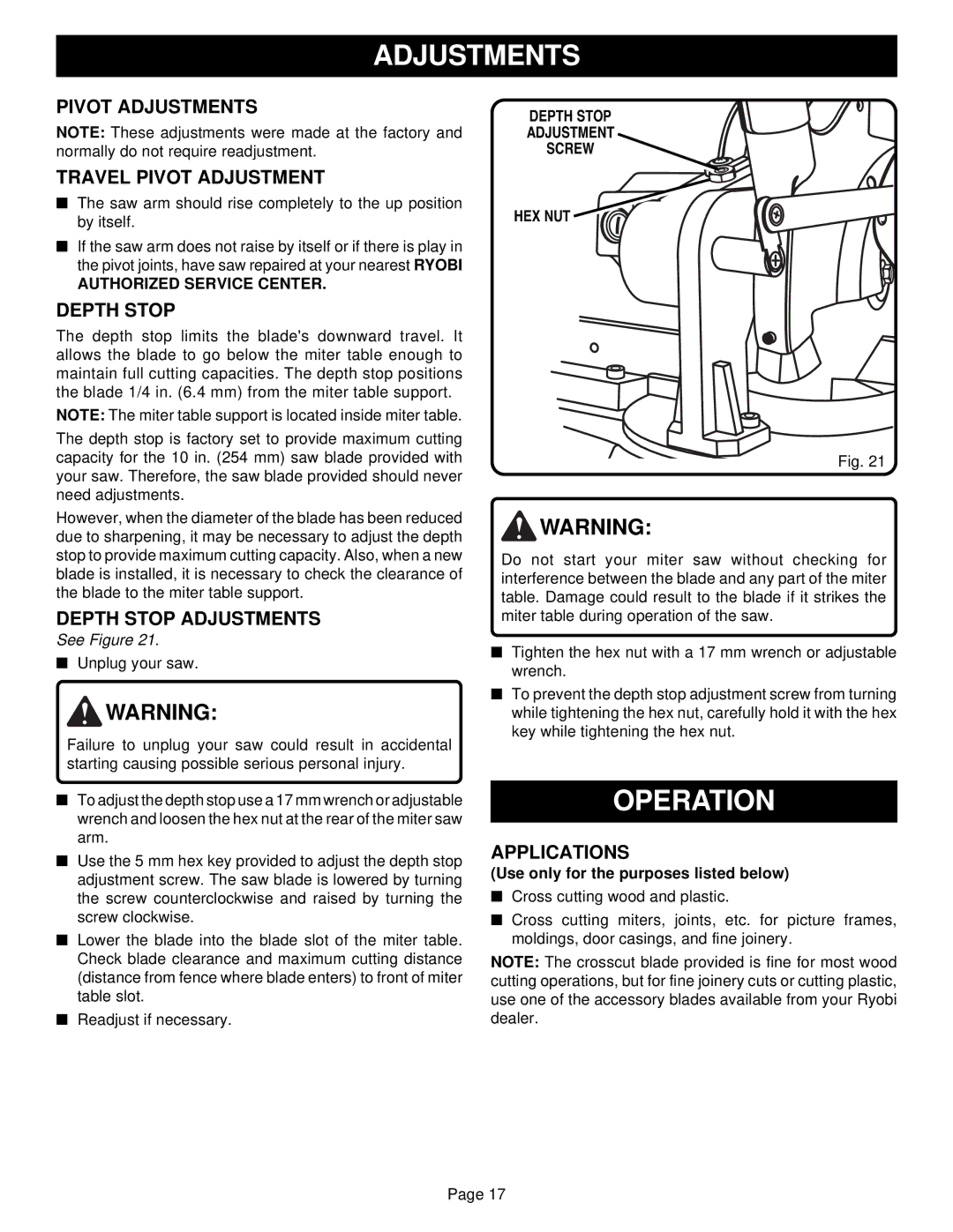 Ryobi TS1300 warranty Operation, Pivot Adjustments Travel Pivot Adjustment, Depth Stop Adjustments, Applications 