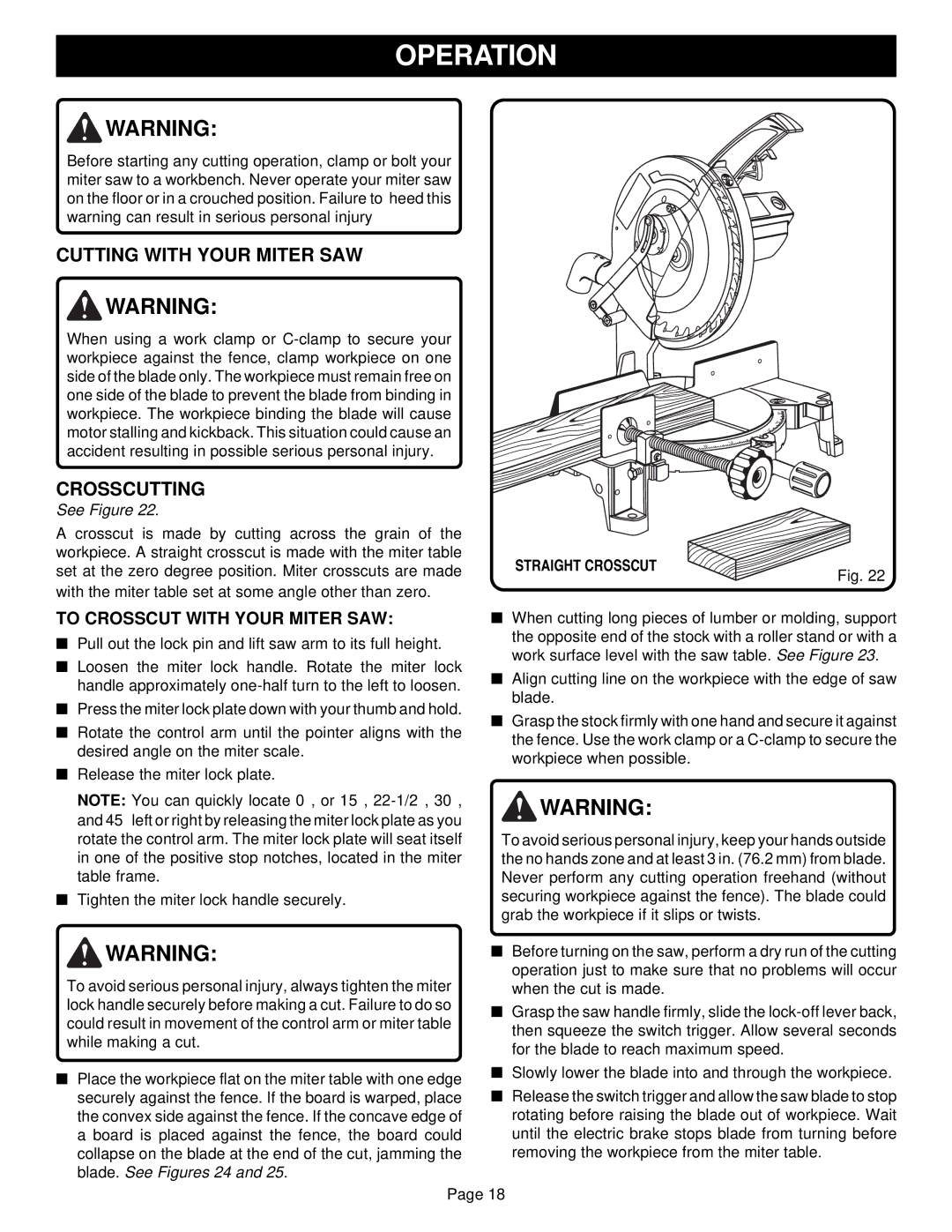 Ryobi TS1300 warranty Cutting with Your Miter SAW, Crosscutting, Straight Crosscut 