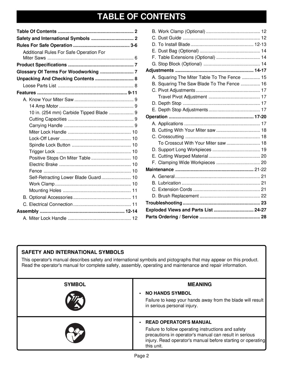 Ryobi TS1300 warranty Table of Contents 