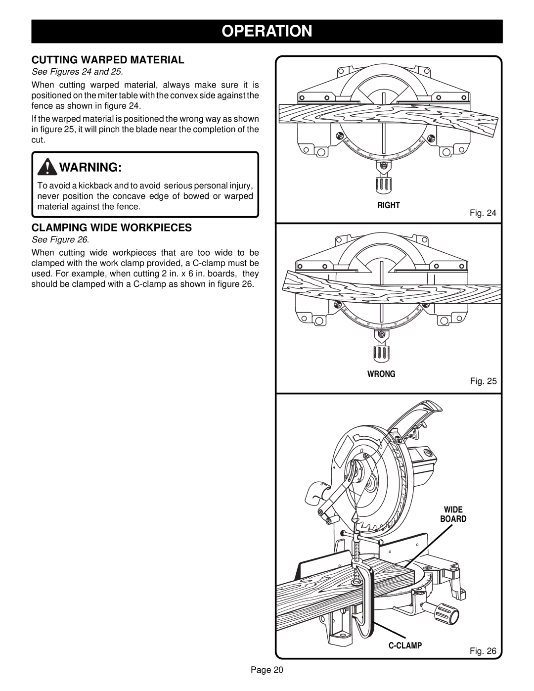 Ryobi TS1300 warranty Cutting Warped Material, Clamping Wide Workpieces, Right Wrong Wide Board 