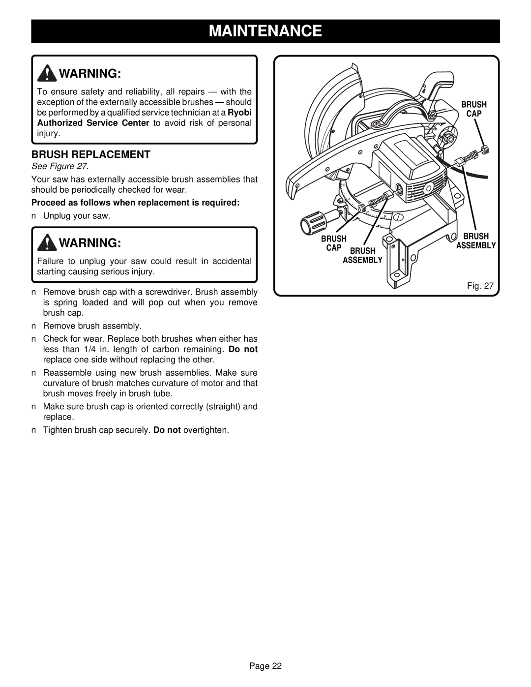 Ryobi TS1300 warranty Brush Replacement, Proceed as follows when replacement is required, Brush CAP Brush Assembly 