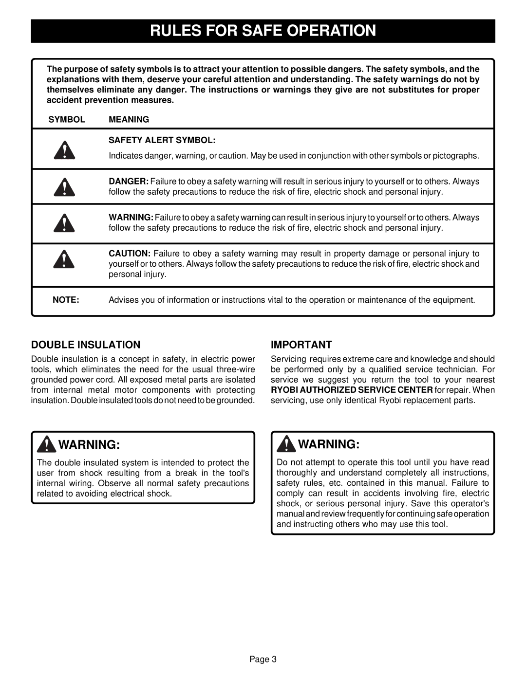 Ryobi TS1300 warranty Rules for Safe Operation, Double Insulation, Symbol Meaning Safety Alert Symbol 