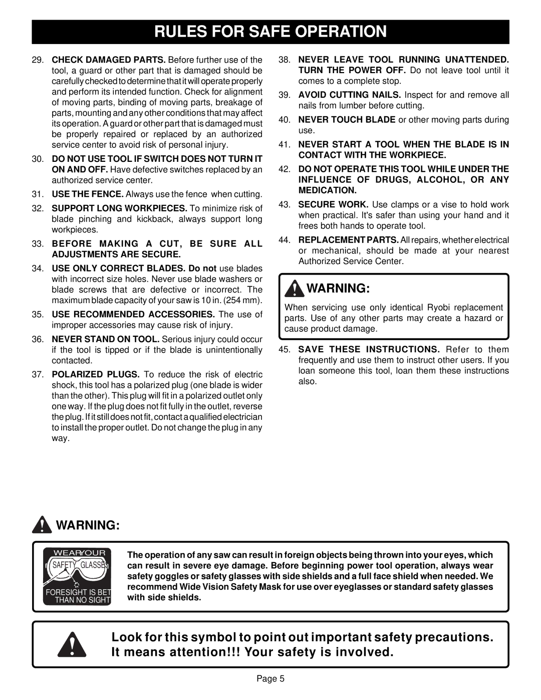 Ryobi TS1300 warranty Before Making a CUT, be Sure ALL Adjustments are Secure 