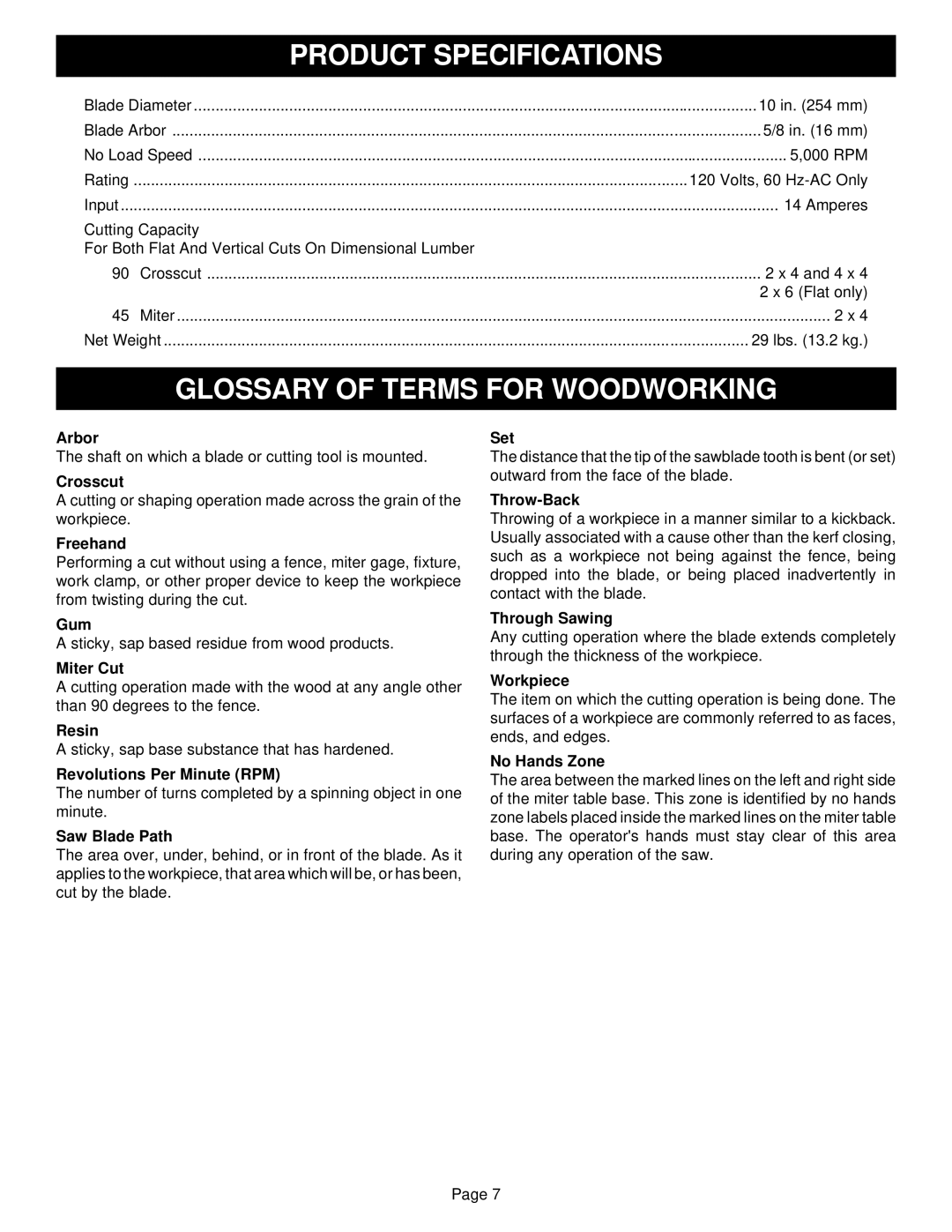 Ryobi TS1300 warranty Product Specifications, Glossary of Terms for Woodworking 