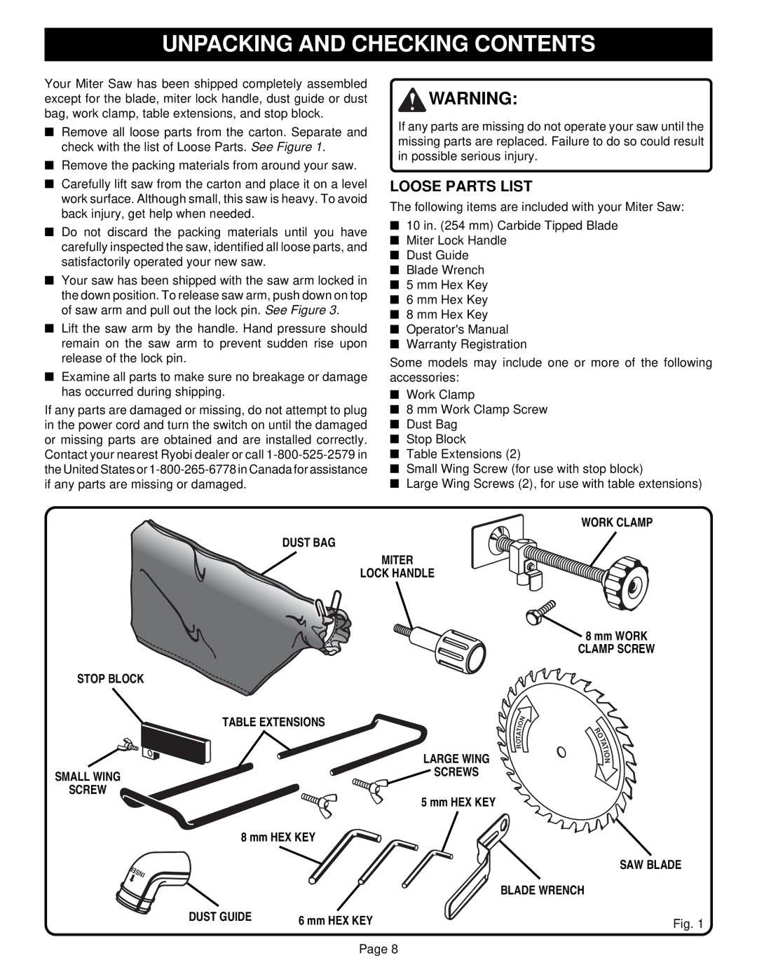 Ryobi TS1300 warranty Unpacking and Checking Contents 