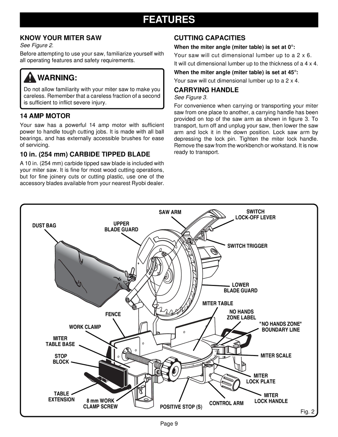 Ryobi TS1300 warranty Features, Know Your Miter SAW, AMP Motor, Cutting Capacities, Carrying Handle 