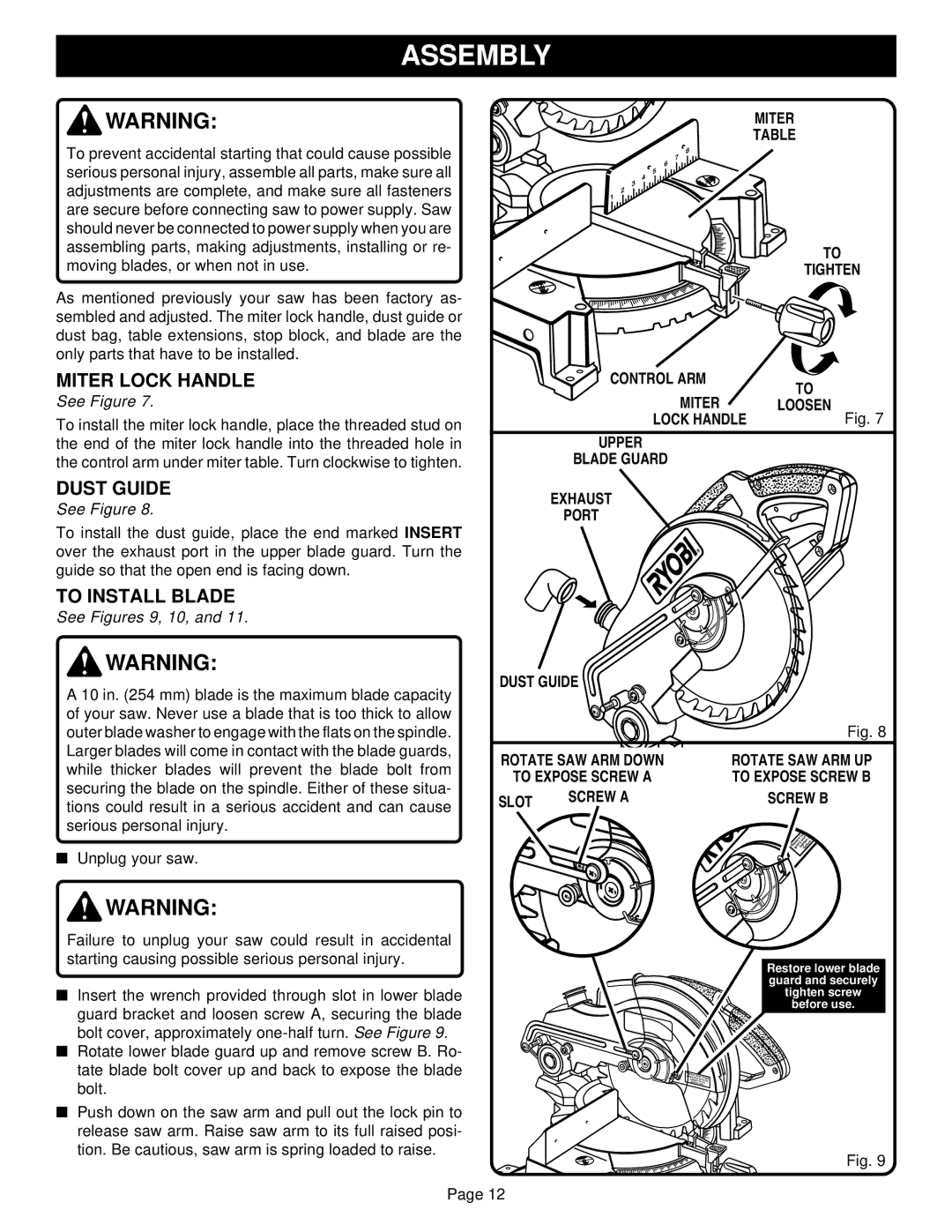 Ryobi TS1301 warranty Assembly, Dust Guide, To Install Blade 