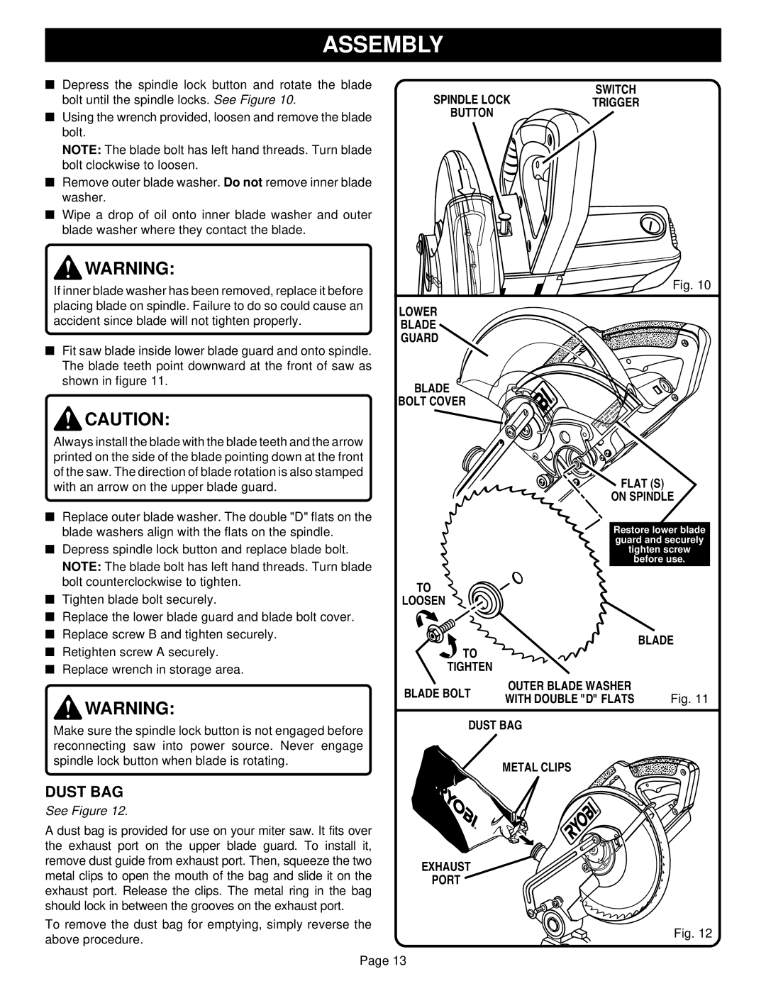 Ryobi TS1301 warranty Dust BAG 