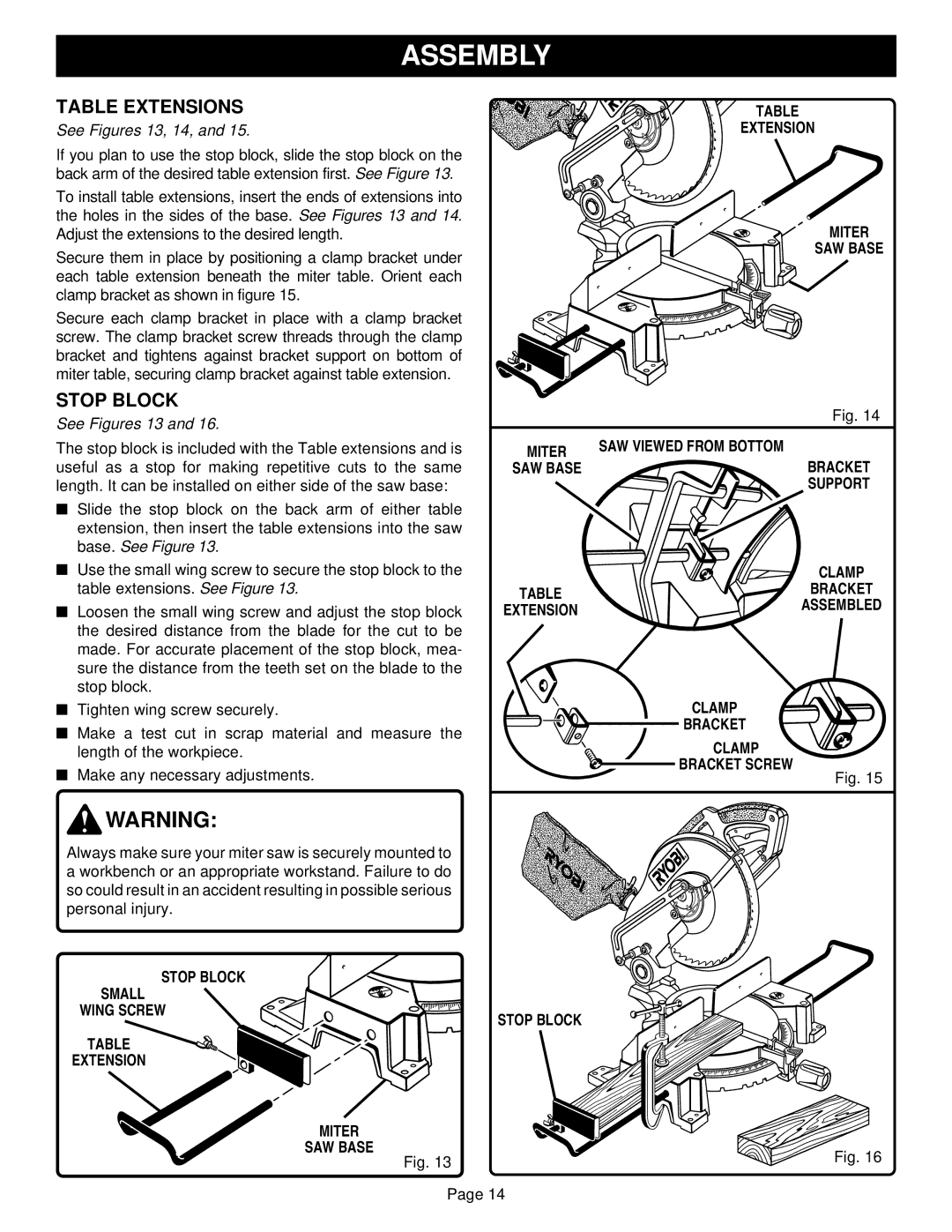 Ryobi TS1301 warranty Table Extensions, Stop Block 