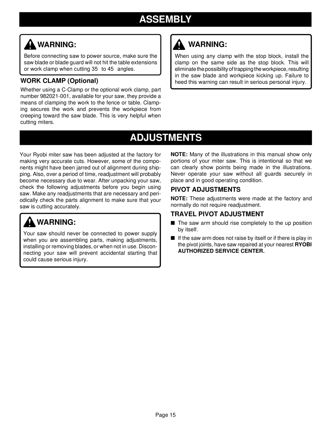 Ryobi TS1301 warranty Pivot Adjustments Travel Pivot Adjustment, Authorized Service Center 