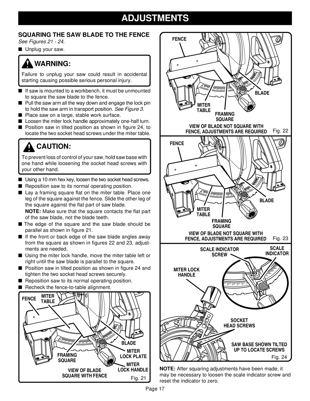 Ryobi TS1301 warranty Squaring the SAW Blade to the Fence, See Figures 21, Fence Miter Blade Framinglock Plate Square 