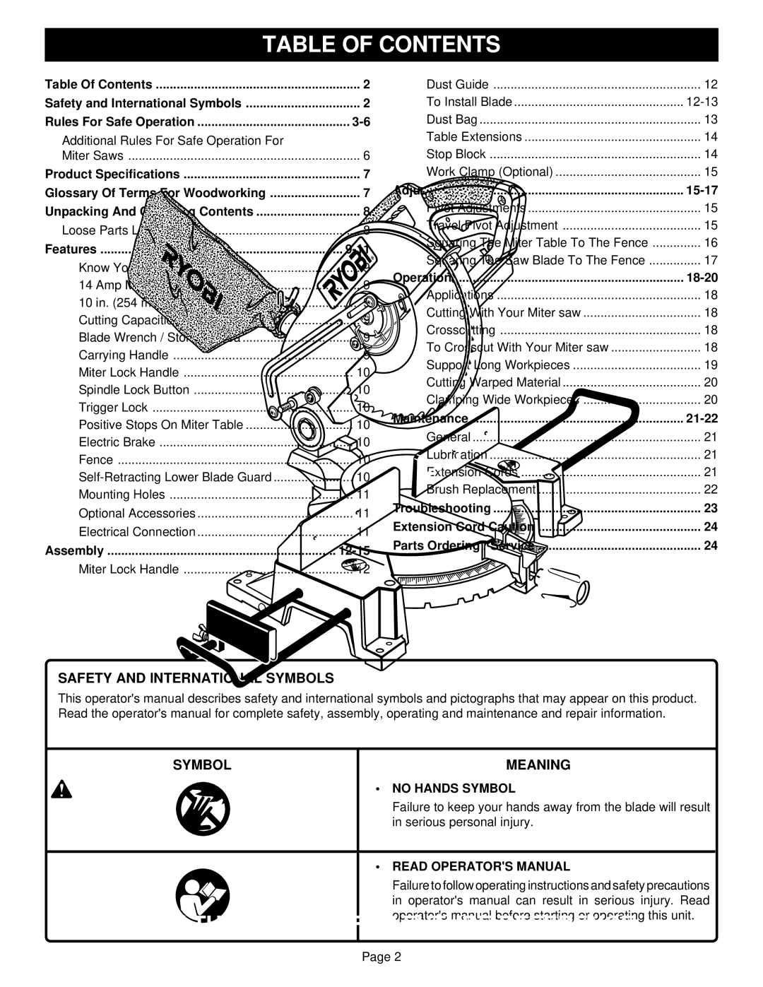 Ryobi TS1301 warranty Table of Contents 