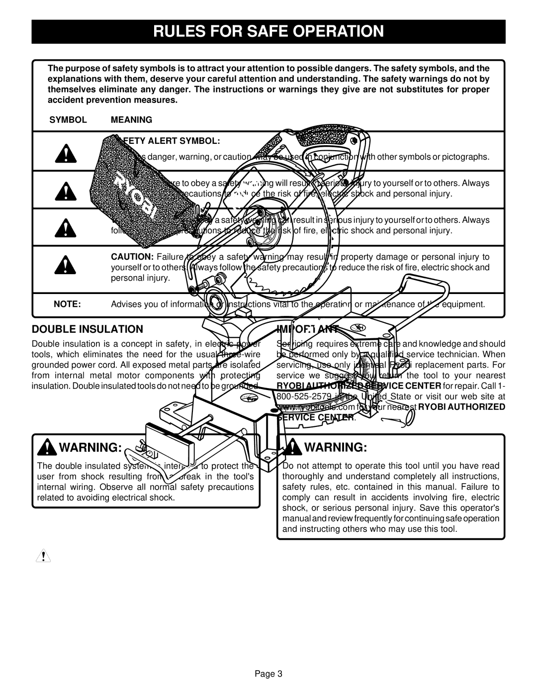 Ryobi TS1301 warranty Rules for Safe Operation, Double Insulation, Symbol Meaning Safety Alert Symbol 