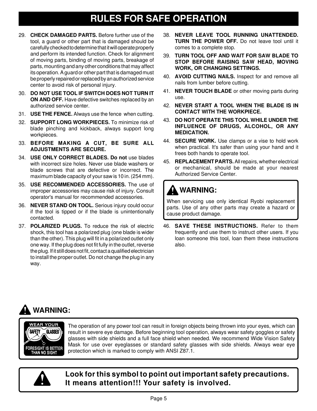 Ryobi TS1301 warranty Before Making a CUT, be Sure ALL Adjustments are Secure 