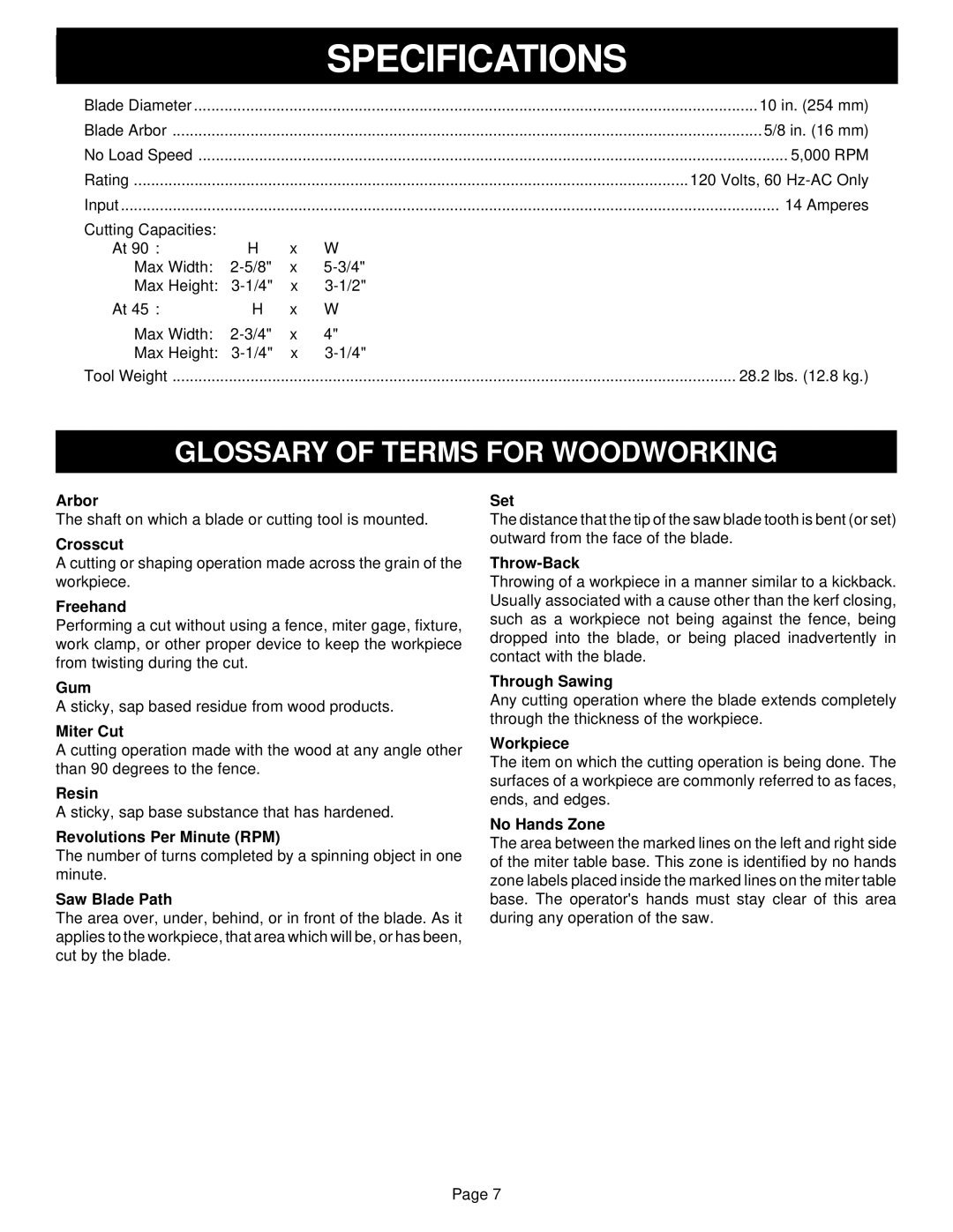 Ryobi TS1301 warranty Glossary of Terms for Woodworking 