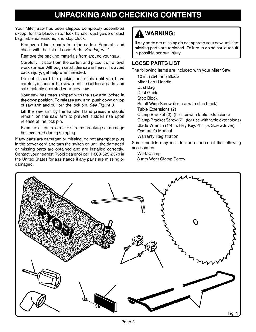 Ryobi TS1301 warranty Unpacking and Checking Contents 