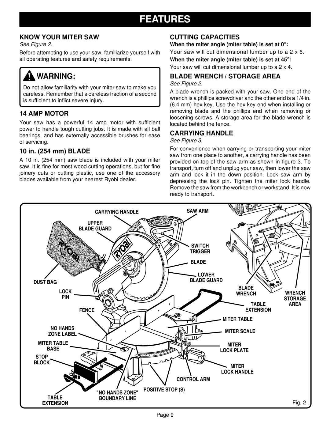 Ryobi TS1301 warranty Features 