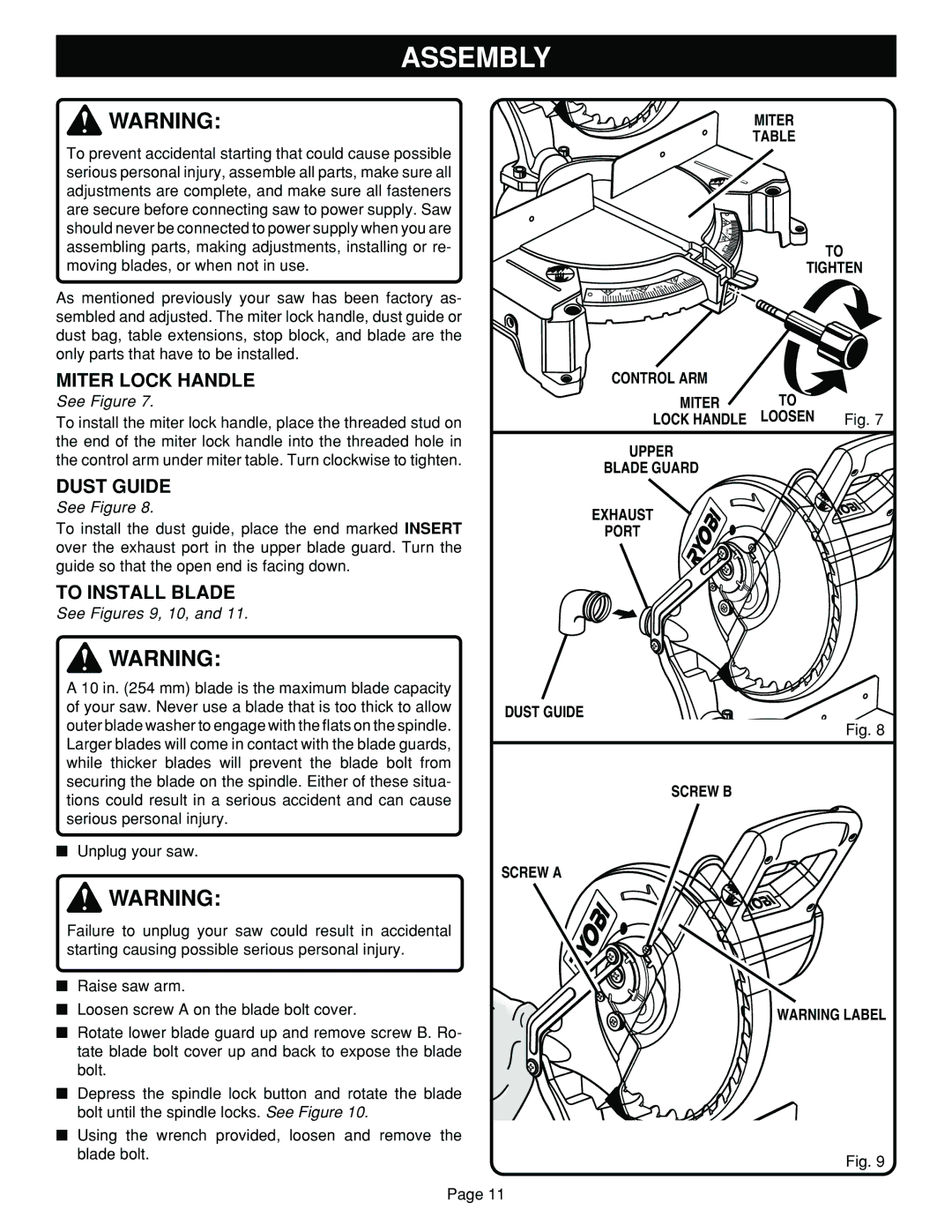 Ryobi TS1302 manual Assembly, Dust Guide, To Install Blade, Miter Tighten 