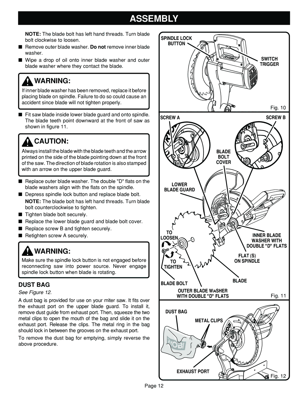 Ryobi TS1302 manual Dust BAG 