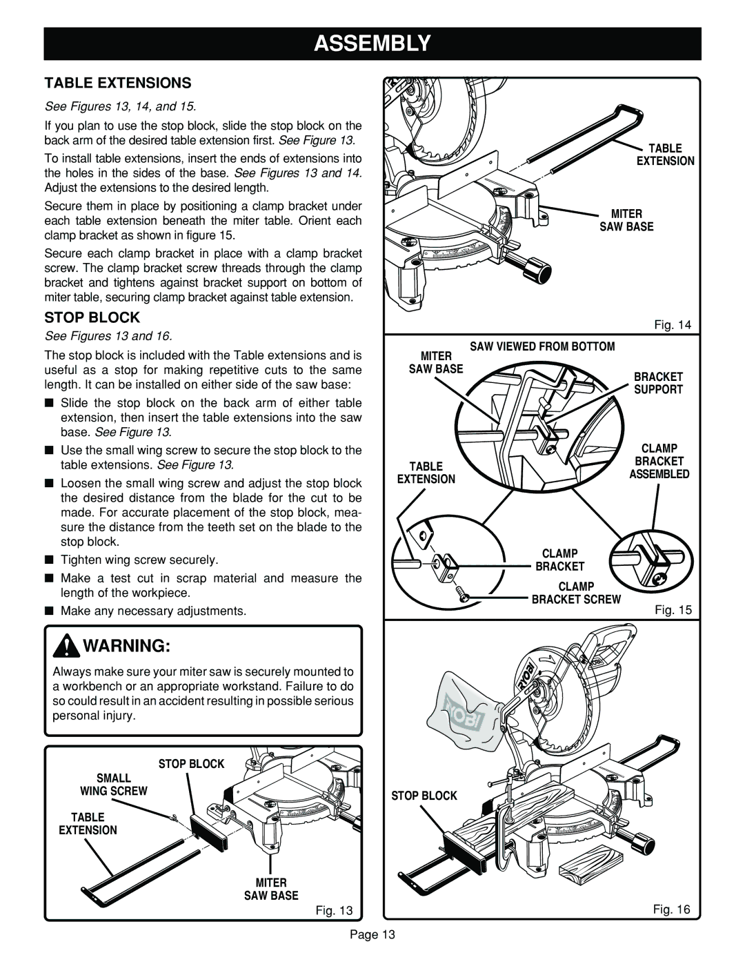 Ryobi TS1302 manual Table Extensions, Stop Block, See Figures 13, 14, SAW Viewed from Bottom Miter SAW Base Bracket Support 