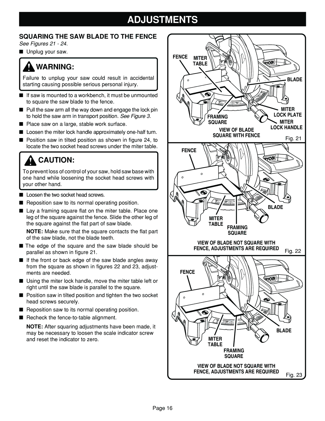 Ryobi TS1302 manual Squaring the SAW Blade to the Fence, See Figures 21, Fence Miter Blade, Square with Fence 