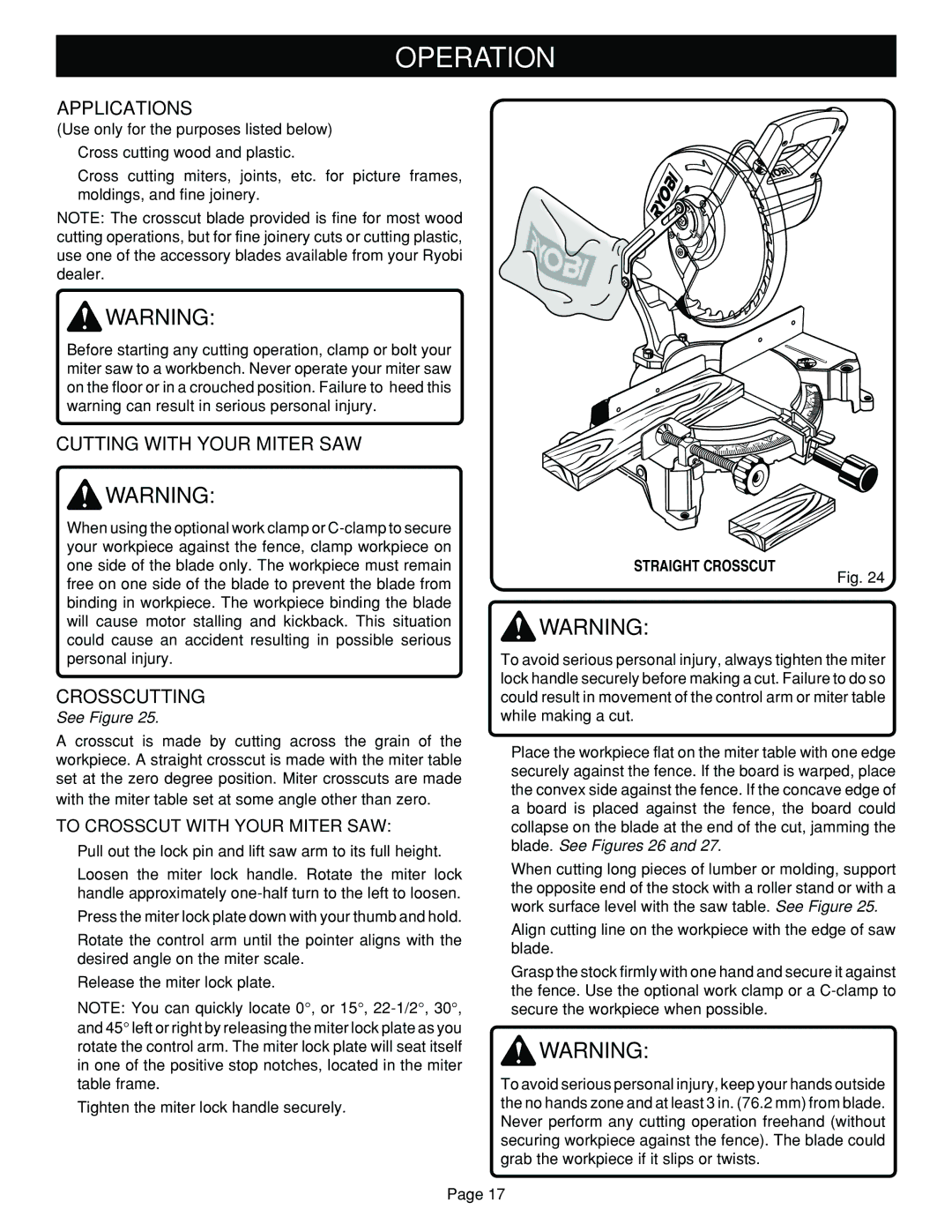 Ryobi TS1302 manual Operation, Applications, Cutting with Your Miter SAW, Crosscutting, Straight Crosscut 