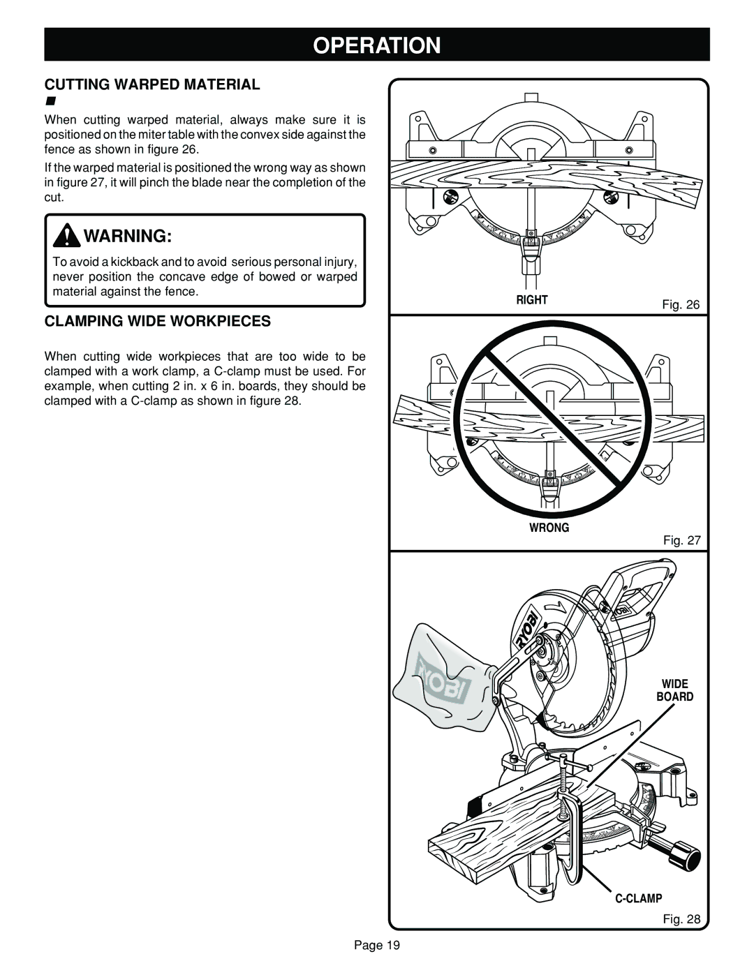 Ryobi TS1302 manual Cutting Warped Material, Clamping Wide Workpieces, Right, Wrong Wide Board 