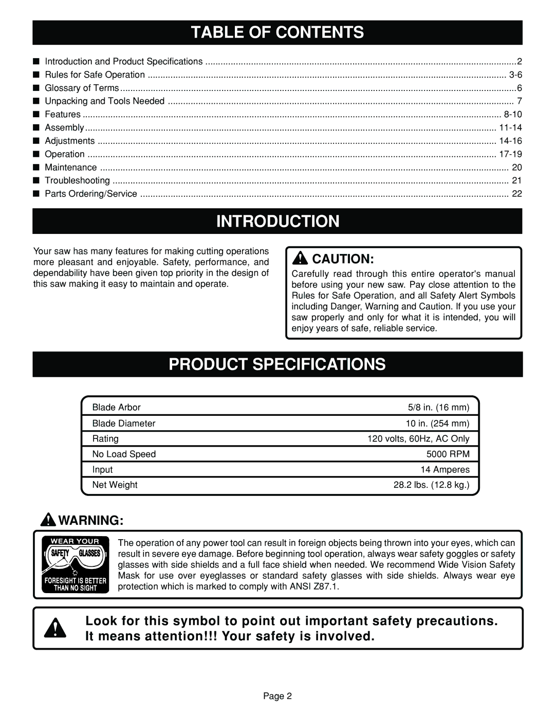 Ryobi TS1302 manual Table of Contents, Introduction, Product Specifications 