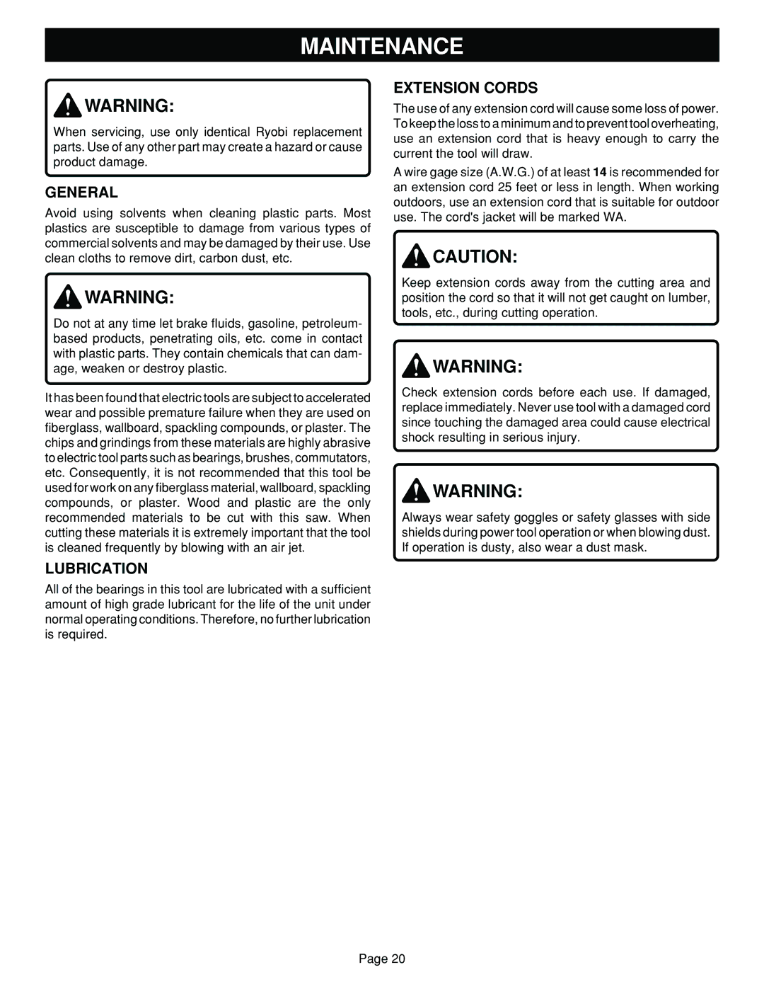 Ryobi TS1302 manual Maintenance, General, Lubrication, Extension Cords 