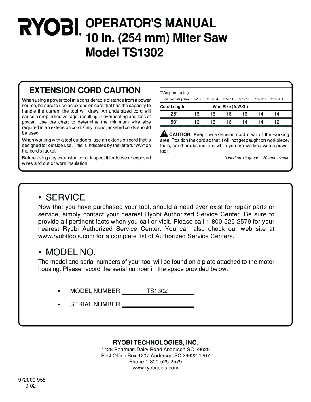 Ryobi manual Operators Manual 10 in mm Miter Saw Model TS1302, Ryobi TECHNOLOGIES, INC 