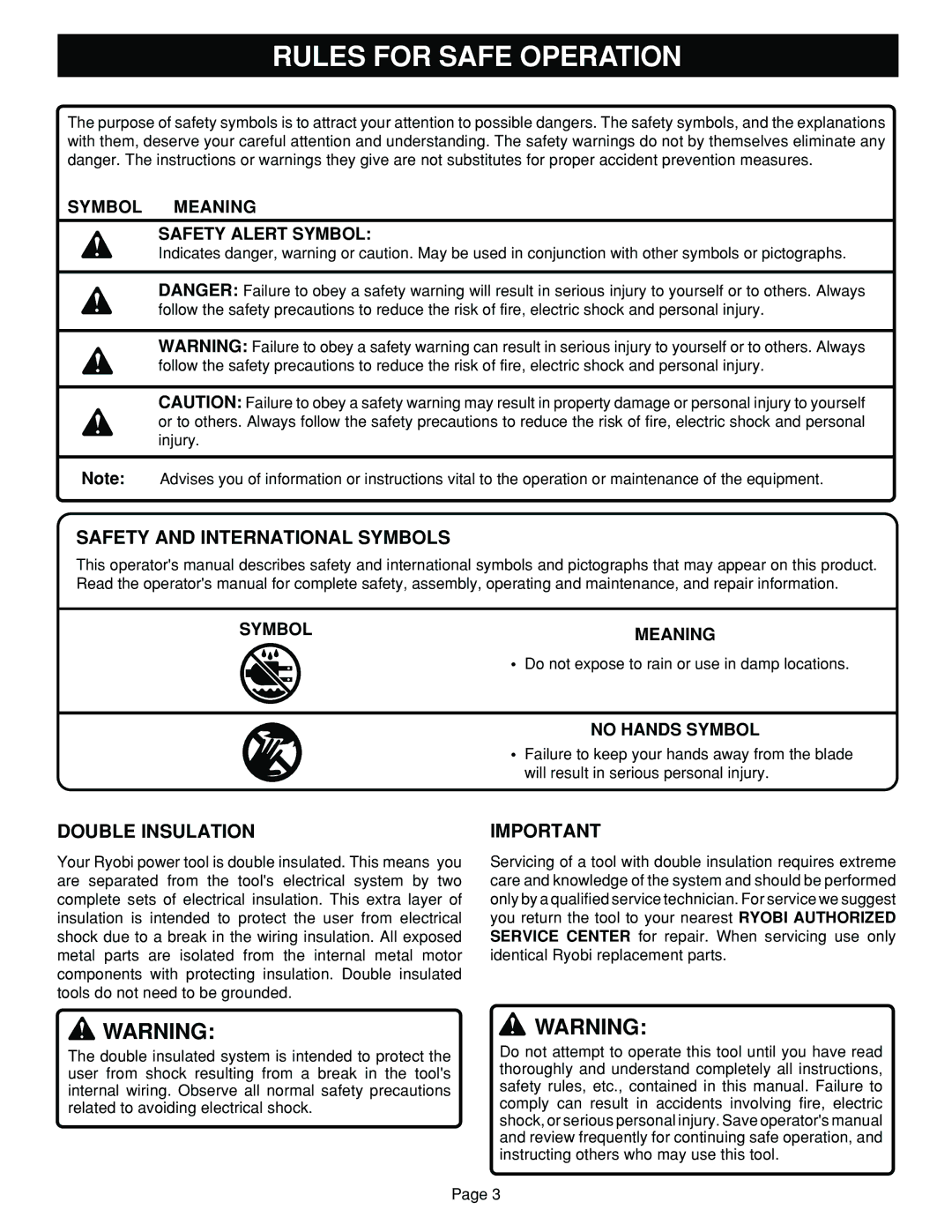 Ryobi TS1302 manual Rules for Safe Operation, Safety and International Symbols, Double Insulation 