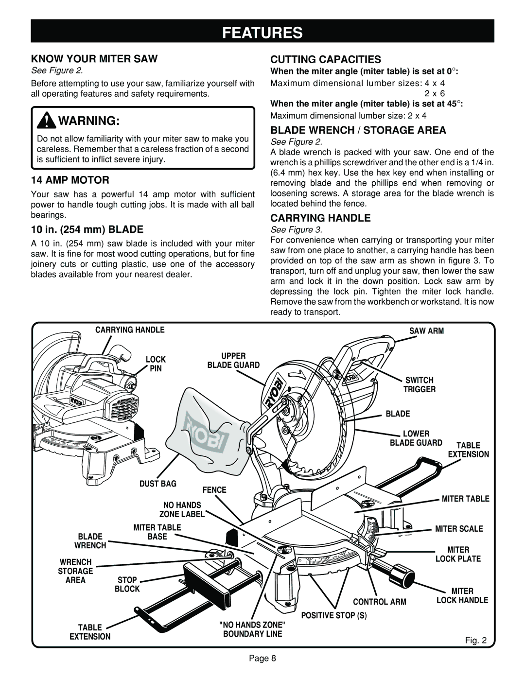 Ryobi TS1302 manual Features 