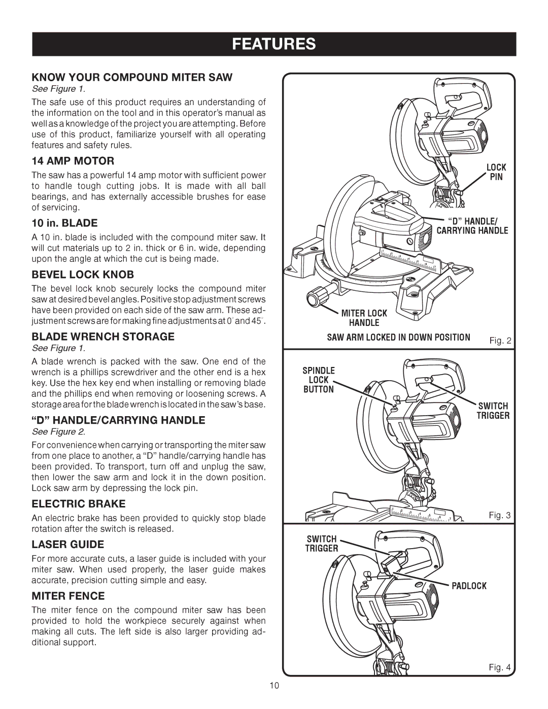 Ryobi TS1343L manual Know Your Compound Miter SAW, AMP Motor, Bevel Lock Knob, Blade Wrench Storage, HANDLE/CARRYING Handle 