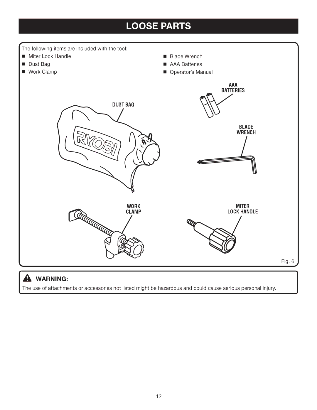 Ryobi TS1343L manual Loose Parts, AAA Batteries Dust BAG Blade Wrench 