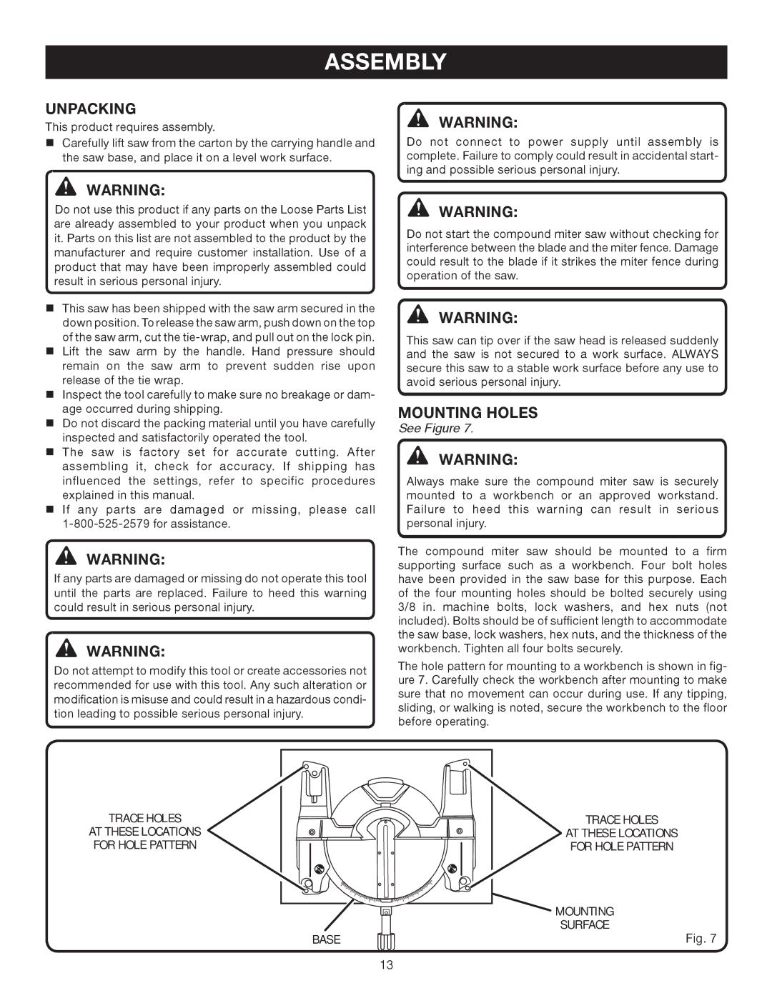 Ryobi TS1343L manual Assembly, Unpacking, Mounting Holes, Trace Holes 