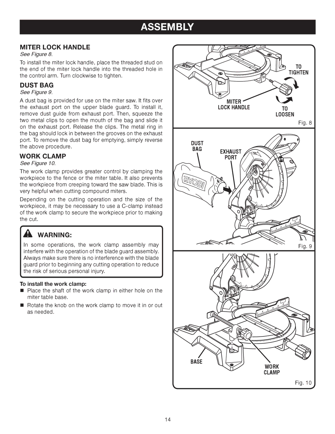 Ryobi TS1343L manual Tighten Miter, Dust BAG Exhaust Port, Base Work Clamp 