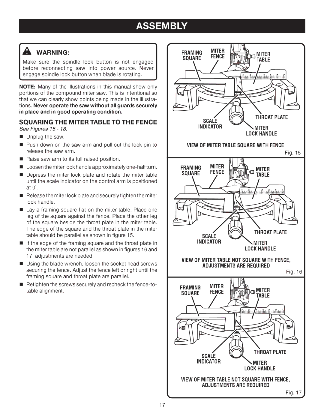 Ryobi TS1343L manual Squaring the Miter Table to the Fence, See Figures 15, View of Miter Table Square with Fence 