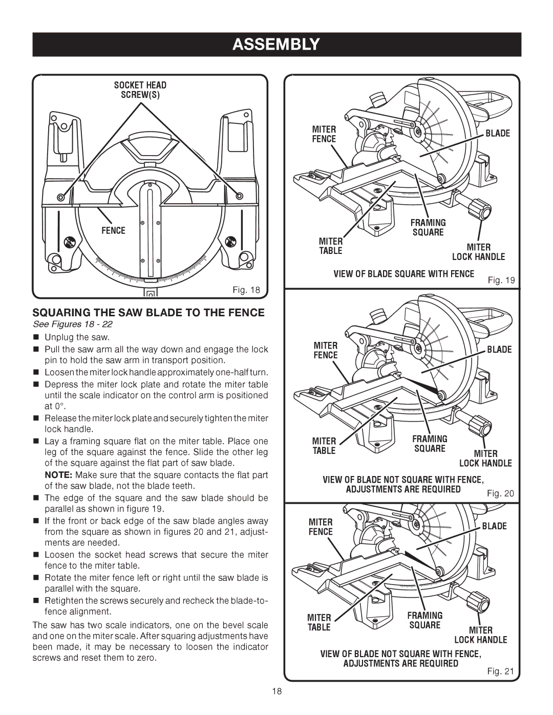 Ryobi TS1343L manual Squaring the SAW Blade to the Fence, Socket Head Screws Fence, See Figures 18, Miter Blade Fence 