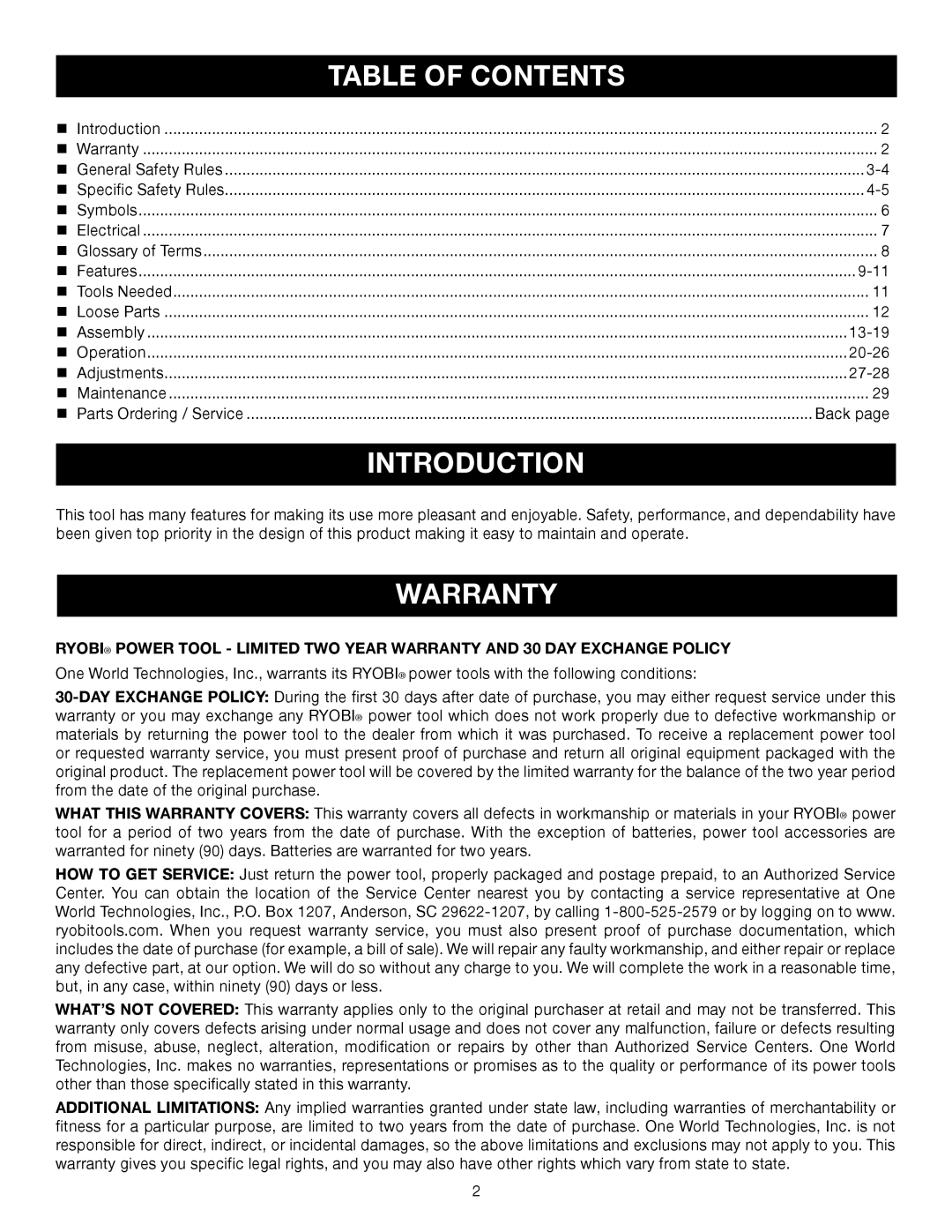 Ryobi TS1343L manual Introduction, Warranty 