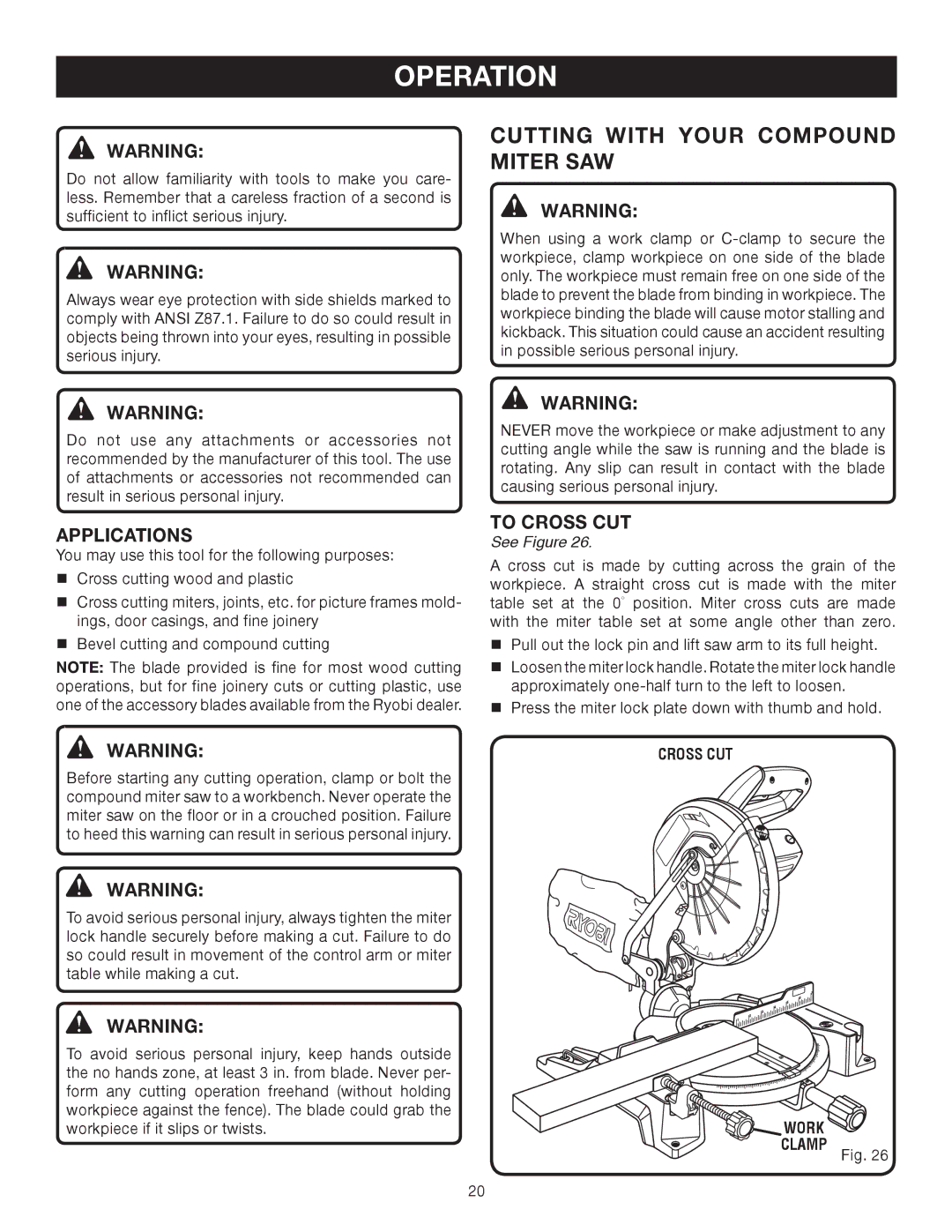 Ryobi TS1343L manual Operation, Applications, To Cross CUT 